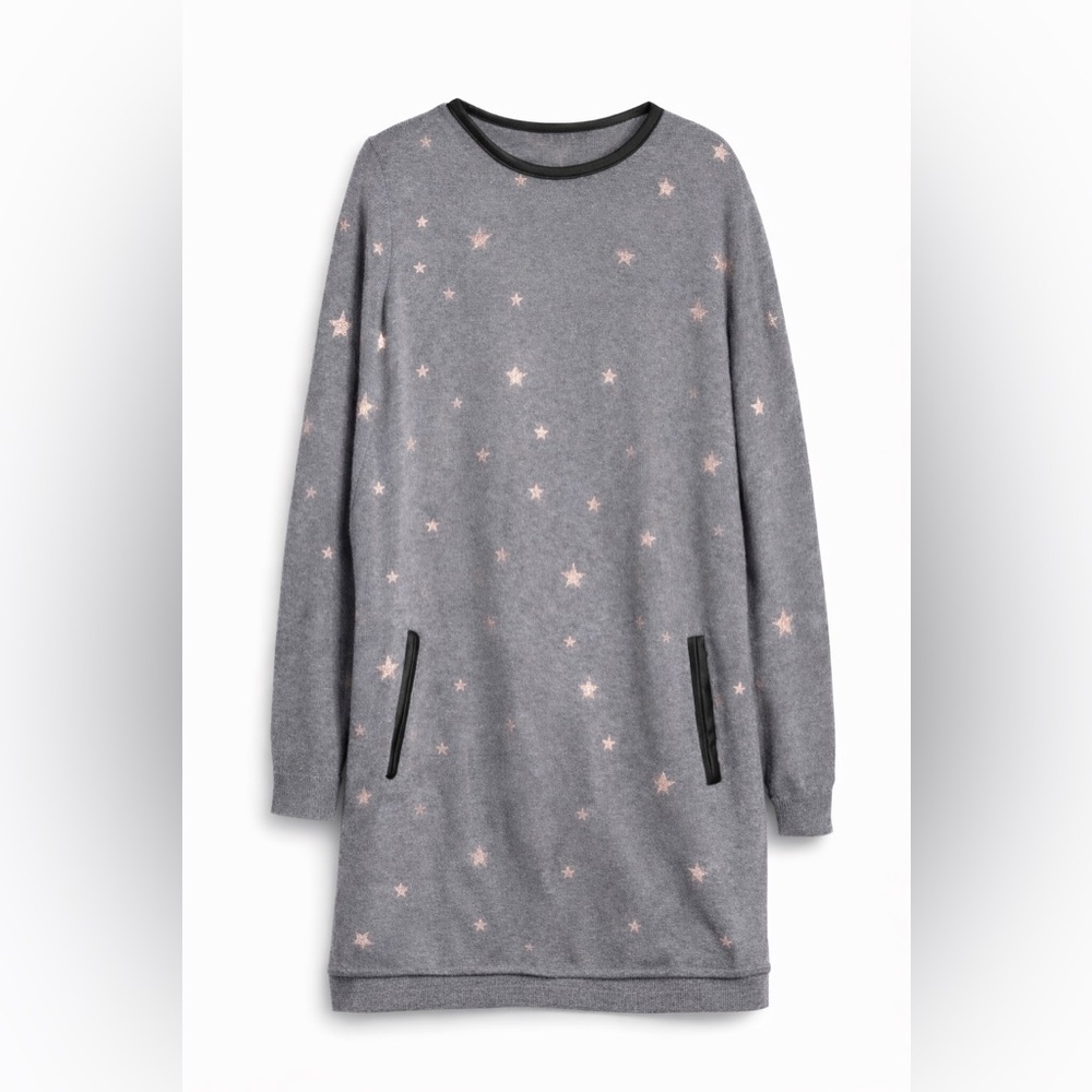 Mayoral Girls Gray Star Print Dress Faux Leather Trim Zip Neck Long Sleeve